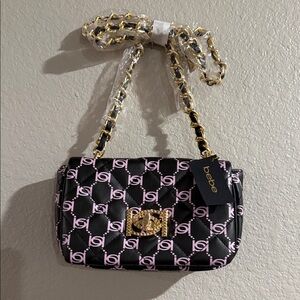 Bebe Black and Pink Shoulder Bag with Gold Chain